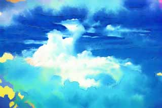 Illust, materieel, vrij, landschap, schilderstuk, schilderstuk, kleuren potlood, crayon, werkje,Een donder wolk, Blauwe lucht, Wolk, Een antenne foto, Zee van de bewolking