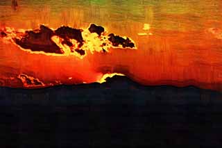 illustration,material,free,landscape,picture,painting,color pencil,crayon,drawing,Mt. Fuji of the destruction by fire, Setting sun, Mt. Fuji, Red, cloud