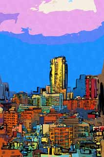 illust, material, livram, paisagem, quadro, pintura, lpis de cor, creiom, puxando,Colinas de Roppongi do crepsculo, Grupo construindo, pr-do-sol, cidade, Roppongi