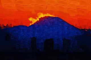 illust,tela,gratis,paisaje,fotografa,idea,pintura,Lpiz de color,dibujo,Monte. Fuji de la destruccin por el fuego, Sol poniente, Monte. Fuji, Rojo, Nube