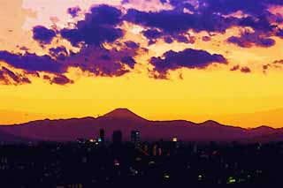 illust, matire, libre, paysage, image, le tableau, crayon de la couleur, colorie, en tirant,Le crpuscule de Mt. Fuji, Mettant soleil, Mt. Fuji, Rouge, nuage