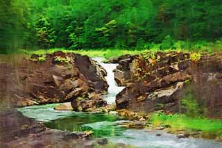 illust, materiell, befreit, Landschaft, Bild, Gemlde, Farbbleistift, Wachsmalstift, Zeichnung,,Sorachi-Fluss, Stein, jungfrulicher Wald, Schicht, Strmung