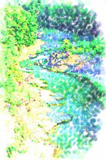 illustration,material,free,landscape,picture,painting,color pencil,crayon,drawing,Sorachi river, rock, virgin forest, Stratum, flow