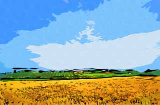 illust, materiell, befreit, Landschaft, Bild, Gemlde, Farbbleistift, Wachsmalstift, Zeichnung,,Eine lndliche Landschaft von Furano, Feld, Pappel, Das Land, lndliche Landschaft