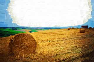 illust, materiell, befreit, Landschaft, Bild, Gemlde, Farbbleistift, Wachsmalstift, Zeichnung,,Eine Grasrolle, Feld, Grasrolle, Das Land, lndliche Landschaft