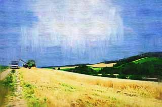 illust, matire, libre, paysage, image, le tableau, crayon de la couleur, colorie, en tirant,Un dcor rural de Biei, champ, Une machine agricole, Le pays, dcor rural