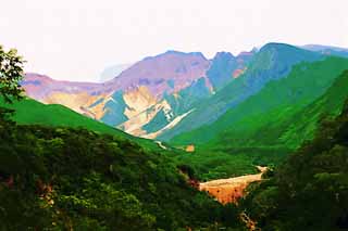 illust, materiell, befreit, Landschaft, Bild, Gemlde, Farbbleistift, Wachsmalstift, Zeichnung,,Mt. Tokachi-dake, Der mountaintop, ridgeline, Bave-Stein, Vulkan