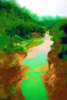 illustration,material,free,landscape,picture,painting,color pencil,crayon,drawing,Yubari River, rock, virgin forest, Stratum, flow