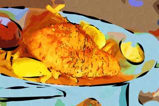 illustration,material,free,landscape,picture,painting,color pencil,crayon,drawing,Fish and chips, Deep-fried food, fish, Home fries, lemon