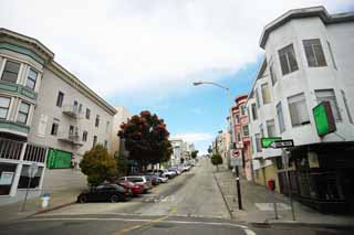 fotografia, materiale, libero il panorama, dipinga, fotografia di scorta,Secondo San Francisco, pendio, macchina, cielo blu, Fila di case lungo una strada urbana