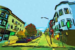 illust, materiell, befreit, Landschaft, Bild, Gemlde, Farbbleistift, Wachsmalstift, Zeichnung,,San Francisco zufolge, Neigung, Auto, blauer Himmel, Reihe von Husern an einer Stadtstrae