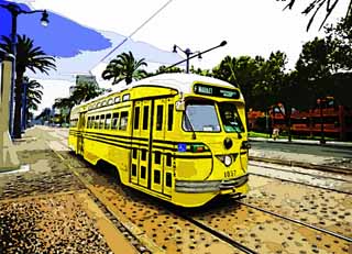 illust, matire, libre, paysage, image, le tableau, crayon de la couleur, colorie, en tirant,Un tramway, Jaune, tramway, arbre au bord de la route, piste