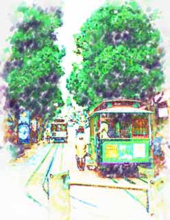 illustration,material,free,landscape,picture,painting,color pencil,crayon,drawing,A cable car, Sightseeing, cable car, roadside tree, brick
