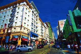 Illust, materieel, vrij, landschap, schilderstuk, schilderstuk, kleuren potlood, crayon, werkje,Volgens San Francisco, Bezoekende touristenplaats, Kabelwagen, Gebouw, Rij van huizen mee een stad straat