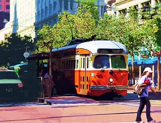 illustration,material,free,landscape,picture,painting,color pencil,crayon,drawing,A streetcar, I am cinnabar red, streetcar, roadside tree, track