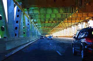 illustration,material,free,landscape,picture,painting,color pencil,crayon,drawing,Bay bridge, highway, steel frame, car, bridge