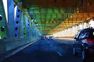 illustration,material,free,landscape,picture,painting,color pencil,crayon,drawing,Bay bridge, highway, steel frame, car, bridge