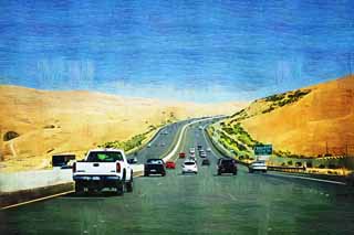 illust, materiell, befreit, Landschaft, Bild, Gemlde, Farbbleistift, Wachsmalstift, Zeichnung,,Eine Autobahn, Autobahn, Asphalt, Auto, Wste