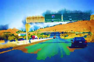 illustration,material,free,landscape,picture,painting,color pencil,crayon,drawing,A highway, highway, Asphalt, car, grade separation