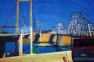 illust, matire, libre, paysage, image, le tableau, crayon de la couleur, colorie, en tirant,Le pont de l'autoroute, autoroute, Un pont du fer, les bascules lient, pont suspendu