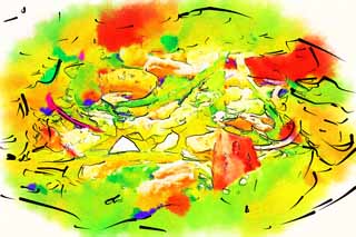 illust, matire, libre, paysage, image, le tableau, crayon de la couleur, colorie, en tirant,Salade, tomate, laitue, haricot rouge, Habiller