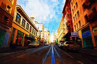Illust, materieel, vrij, landschap, schilderstuk, schilderstuk, kleuren potlood, crayon, werkje,Volgens San Francisco, Bezoekende touristenplaats, Auto, Gebouw, Rij van huizen mee een stad straat