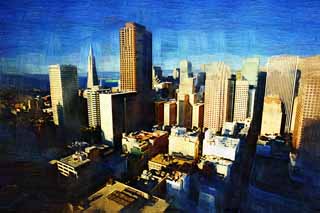 illust, materiell, befreit, Landschaft, Bild, Gemlde, Farbbleistift, Wachsmalstift, Zeichnung,,Die Gebudegruppe von San Francisco, Hochhaus, Im Stadtzentrum, Wohngebiet, Neigung