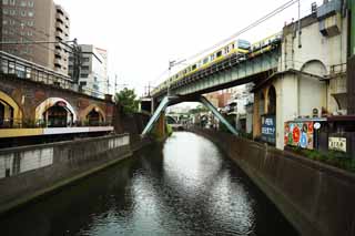 fotografia, material, livra, ajardine, imagine, proveja fotografia,Shohei atravessam, canal, Akihabara, Amarelo, trem
