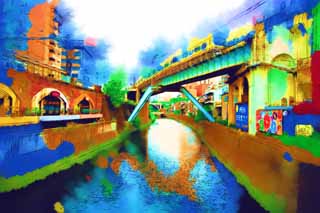 illust, materiell, befreit, Landschaft, Bild, Gemlde, Farbbleistift, Wachsmalstift, Zeichnung,,Shohei-Brcke, Kanal, Akihabara, Gelb, Zug