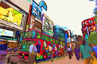 illustration,material,free,landscape,picture,painting,color pencil,crayon,drawing,Shinjuku, pop culture, signboard, Shopping, Illuminations