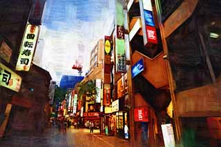 Illust, materieel, vrij, landschap, schilderstuk, schilderstuk, kleuren potlood, crayon, werkje,Volgens Shinjuku, Restaurant, Signboard, Stenige bestrating, Illumineringen