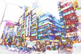 illust, matire, libre, paysage, image, le tableau, crayon de la couleur, colorie, en tirant,Kabukicho, Shinjuku, restaurant, enseigne, Manires et coutumes, Illuminations