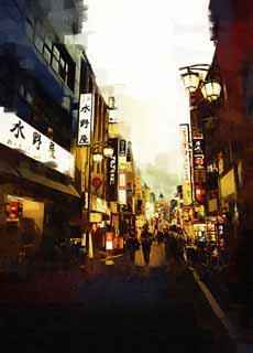 Illust, materieel, vrij, landschap, schilderstuk, schilderstuk, kleuren potlood, crayon, werkje,Kabukicho, Shinjuku, Restaurant, Signboard, Manieren en douane, Illumineringen