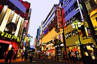 Illust, materieel, vrij, landschap, schilderstuk, schilderstuk, kleuren potlood, crayon, werkje,Volgens Shinjuku, Restaurant, Signboard, Pinball-trant speelautomaat, Illumineringen