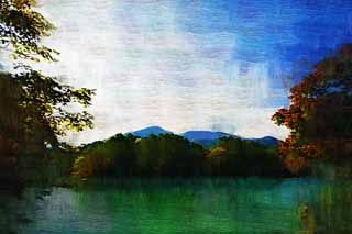 illust, materiell, befreit, Landschaft, Bild, Gemlde, Farbbleistift, Wachsmalstift, Zeichnung,,See Bishamon, Wald, Teich, Azurblau blau, Mt. Bandai-san