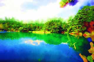 illustration,material,free,landscape,picture,painting,color pencil,crayon,drawing,Lake Bishamon, forest, pond, Azure blue, Mt. Bandai-san