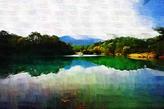 illust, material, livram, paisagem, quadro, pintura, lpis de cor, creiom, puxando,Lago Bishamon, floresta, lagoa, Cerleo azul, Mt. Bandai-san