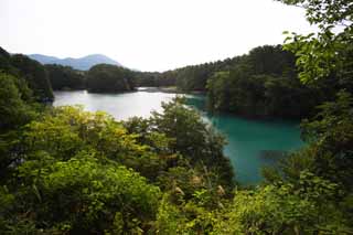 Foto, materiell, befreit, Landschaft, Bild, hat Foto auf Lager,See Bishamon, Wald, Teich, Azurblau blau, Mt. Bandai-san