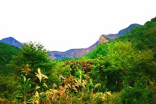 illust, matire, libre, paysage, image, le tableau, crayon de la couleur, colorie, en tirant,Aizu Mt. Bandai-san, volcan, ruption, falaise, Aizu Fuji