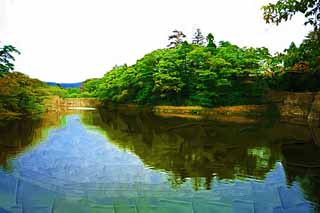 illust, materiell, befreit, Landschaft, Bild, Gemlde, Farbbleistift, Wachsmalstift, Zeichnung,,Junger Matsushiro-Wassergraben, Wassergraben, Ishigaki, Kurokawa-Burg, Ujisato Gamo