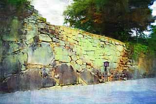 illust, material, livram, paisagem, quadro, pintura, lpis de cor, creiom, puxando,Passagem de Matsushiro jovem ao longo do banco ao redor de um castelo, fosso, Ishigaki, Castelo de Kurokawa, Ujisato Gamo
