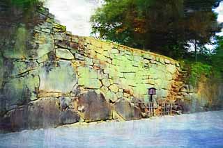 illust, materiell, befreit, Landschaft, Bild, Gemlde, Farbbleistift, Wachsmalstift, Zeichnung,,Junger Matsushiro-Durchgang an der Bank um eine Burg, Wassergraben, Ishigaki, Kurokawa-Burg, Ujisato Gamo