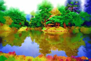 Illust, materieel, vrij, landschap, schilderstuk, schilderstuk, kleuren potlood, crayon, werkje,De waterplas van de Oyaku-en Tuinieren gevoel karakter, Tuinplant, Tuinier, Japanse tuin, Pijnboom