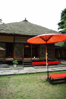 foto,tela,gratis,paisaje,fotografa,idea,Oyaku - en palacio de cabina de descanso de jardn, Paraguas de suma, Edificio japons -style, Habitacin de ceremonia del t, Estacin de descanso