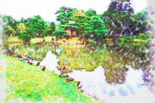 illust, materiell, befreit, Landschaft, Bild, Gemlde, Farbbleistift, Wachsmalstift, Zeichnung,,Der Teich des Oyaku-en Garden Gefhlscharakters, Gartenpflanze, Gartenarbeit, Japanisch grtnert, Kiefer