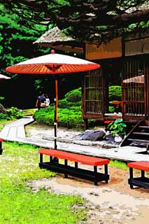 illustration,material,free,landscape,picture,painting,color pencil,crayon,drawing,Oyaku-en Garden resting booth palace, sum umbrella, Japanese-style building, tea-ceremony room, rest station