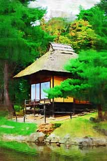 illust, materiell, befreit, Landschaft, Bild, Gemlde, Farbbleistift, Wachsmalstift, Zeichnung,,Oyaku-en Garden trstet Kotobuki-Laube, Gartenpflanze, shoji, Japanisch grtnert, Dachstroh