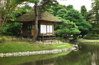 Foto, materiell, befreit, Landschaft, Bild, hat Foto auf Lager,Oyaku-en Garden trstet Kotobuki-Laube, Gartenpflanze, shoji, Japanisch grtnert, Dachstroh