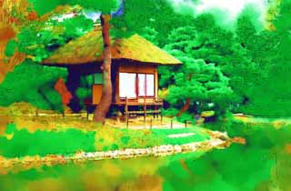 illust, material, livram, paisagem, quadro, pintura, lpis de cor, creiom, puxando,Oyaku-en Garden conforto pavilho de Kotobuki, planta de jardim, shoji, Japons ajardina, Sap