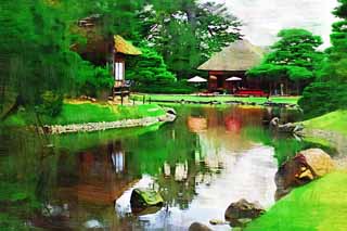 illustration,material,free,landscape,picture,painting,color pencil,crayon,drawing,Oyaku-en Garden resting booth palace, sum umbrella, Japanese-style building, tea-ceremony room, rest station